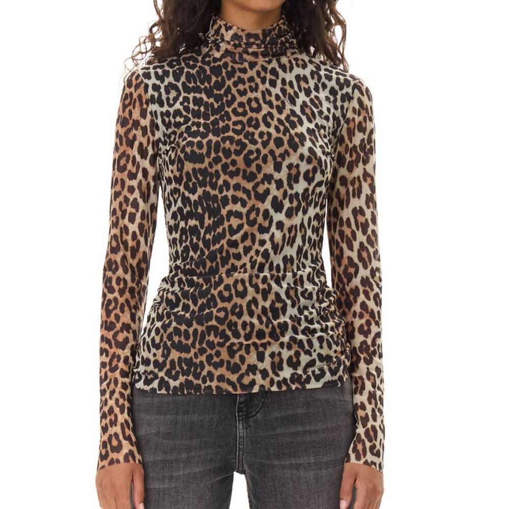 Ganni Leopard Printed Mesh Long Sleeve Rollneck, Size M/EU38